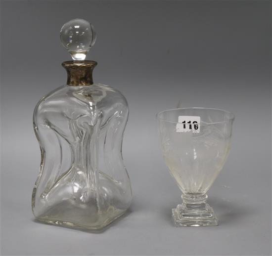 A silver mounted decanter and an etched glass goblet tallest 27cm